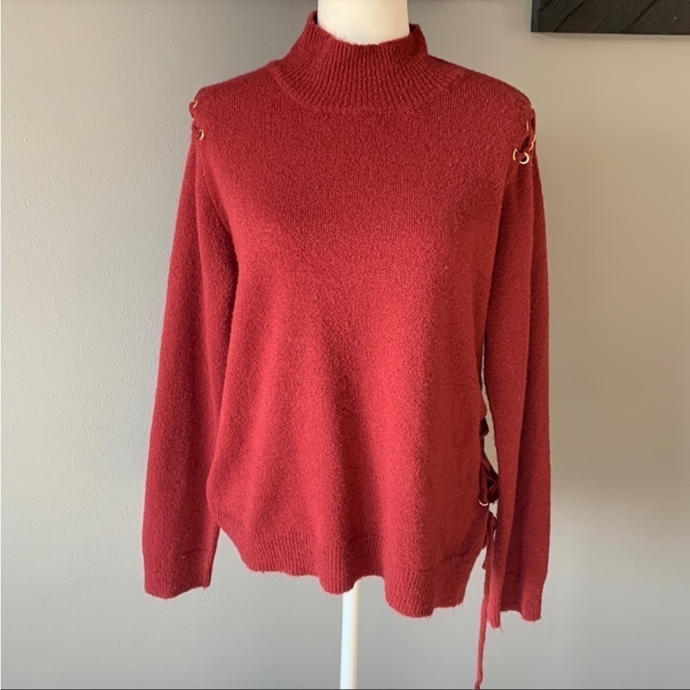 SAKS 5TH AVE Mockneck Lace Up Sweater Burgundy Pink